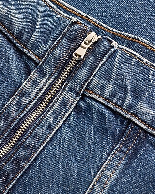 High Waisted Dark Wash Double Zipper Raw Hem Wide Leg Jeans | Express