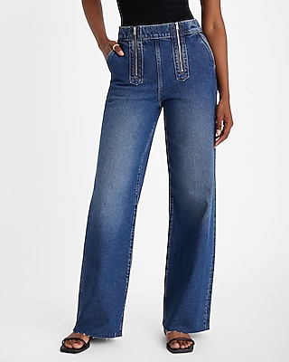 High Waisted Dark Wash Double Zipper Raw Hem Wide Leg Jeans | Express