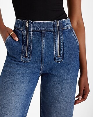 High Waisted Dark Wash Double Zipper Raw Hem Wide Leg Jeans | Express