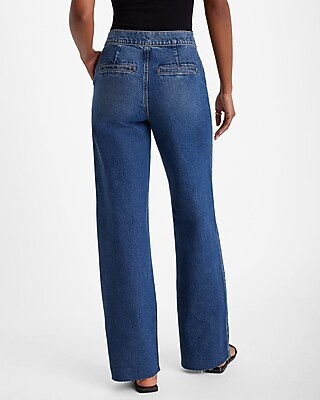 High Waisted Dark Wash Double Zipper Raw Hem Wide Leg Jeans | Express