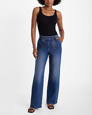 High Waisted Dark Wash Double Zipper Raw Hem Wide Leg Jeans | Express