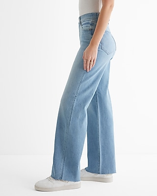 High Waisted Medium Wash Raw Hem Wide Leg Jeans - image 2