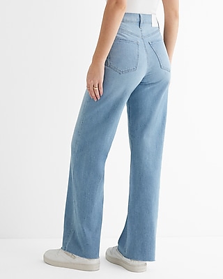 High Waisted Medium Wash Raw Hem Wide Leg Jeans - image 3