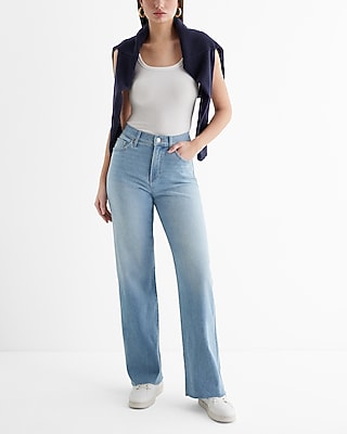 High Waisted Medium Wash Raw Hem Wide Leg Jeans - image 4