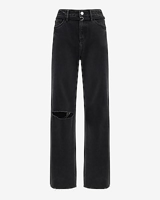 High Waisted Black Wash 50/50 Rigid Stretch Ripped Belted Wide Leg Jeans