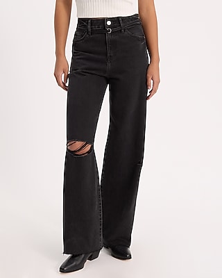 High Waisted Black Wash 50/50 Rigid Stretch Ripped Belted Wide Leg Jeans