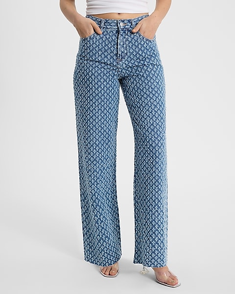 High Waisted Medium Wash Distressed Print Wide Leg Jeans High Waisted Medium Wash Distressed Print Wide Leg Jeans