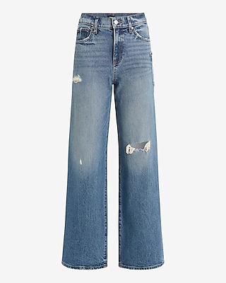 High Waisted Medium Wash Ripped Pocket Detail Wide Leg Jeans