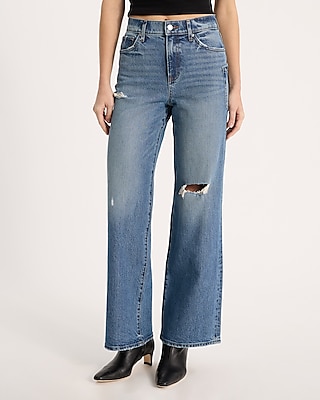 High Waisted Medium Wash Ripped Pocket Detail Wide Leg Jeans