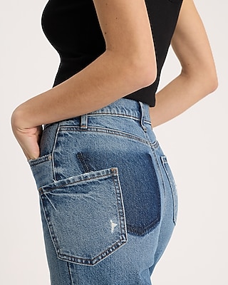 High Waisted Medium Wash Ripped Pocket Detail Wide Leg Jeans