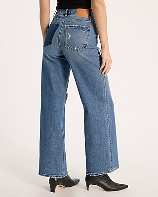 High Waisted Medium Wash Ripped Pocket Detail Wide Leg Jeans