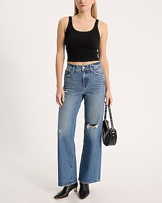 High Waisted Medium Wash Ripped Pocket Detail Wide Leg Jeans