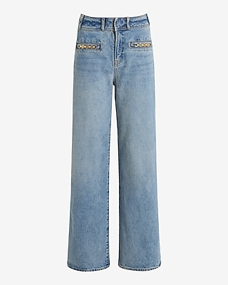 High Waisted Medium Wash Horsebit Wide Leg Jeans