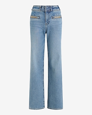 High Waisted Medium Wash Horsebit Wide Leg Jeans