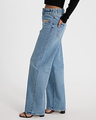 High Waisted Medium Wash Horsebit Wide Leg Jeans