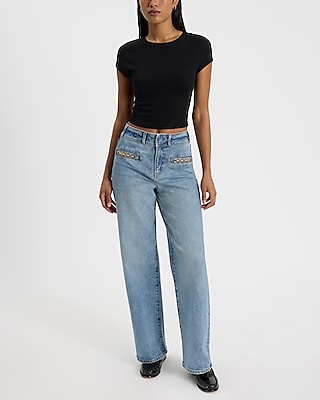 High Waisted Medium Wash Horsebit Wide Leg Jeans