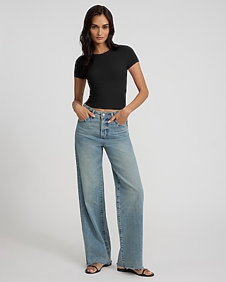 High Waisted Light Wash Raw Hem 50/50 Rigid Stretch Wide Leg Jeans