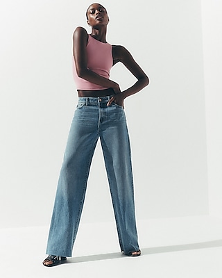 High Waisted Light Wash Raw Hem 50/50 Rigid Stretch Wide Leg Jeans