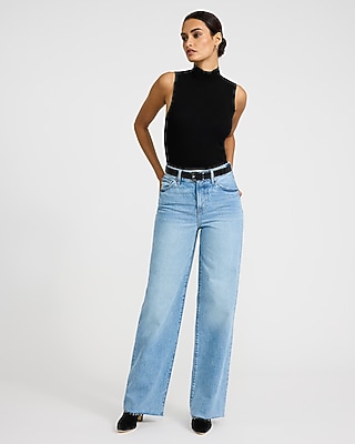 High Waisted Light Wash Raw Hem 50/50 Rigid Stretch Wide Leg Jeans