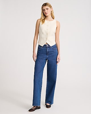 High Waisted Dark Wash 50/50 Rigid Stretch Wide Leg Jeans