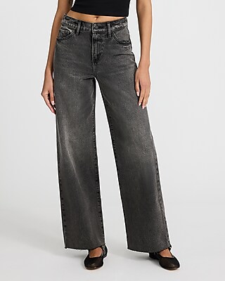 High Waisted Washed Black 50/50 Rigid Stretch Wide Leg Jeans