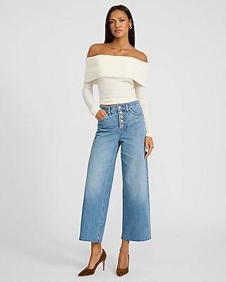 High Waisted Medium Wash Raw Hem Wide Leg Ankle Jeans