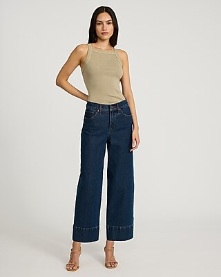 High Waisted Dark Wash Tall Hem Wide Leg Ankle Jeans