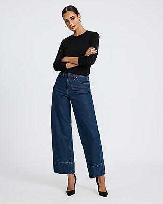 High Waisted Dark Wash Tall Hem Wide Leg Ankle Jeans