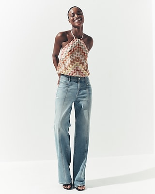 High Waisted Light Wash Seamed Wide Leg Jeans