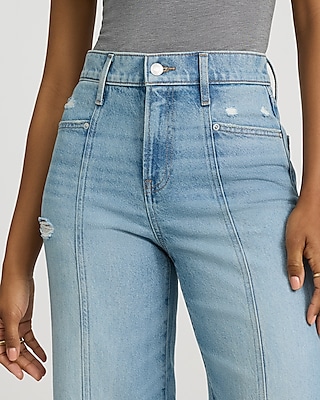 High Waisted Light Wash Seamed Wide Leg Jeans