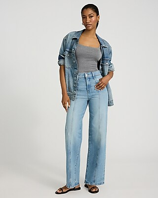 High Waisted Light Wash Seamed Wide Leg Jeans