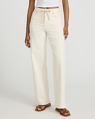 High Waisted Ivory Wash Drawstring Wide Leg Jeans