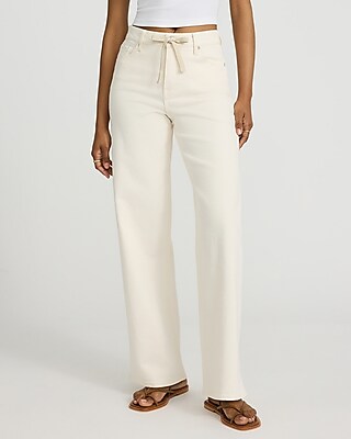 High Waisted Ivory Wash Drawstring Wide Leg Jeans