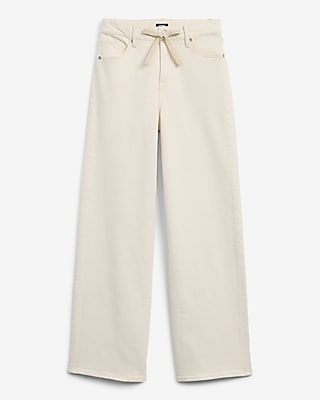 High Waisted Ivory Wash Drawstring Wide Leg Jeans
