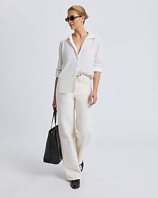 High Waisted Ivory Wash Drawstring Wide Leg Jeans