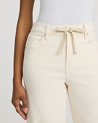 High Waisted Ivory Wash Drawstring Wide Leg Jeans