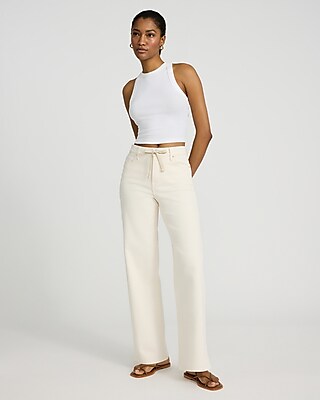 High Waisted Ivory Wash Drawstring Wide Leg Jeans