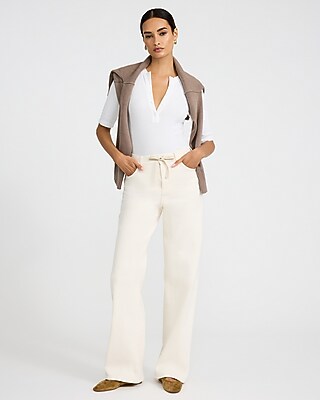 High Waisted Ivory Wash Drawstring Wide Leg Jeans
