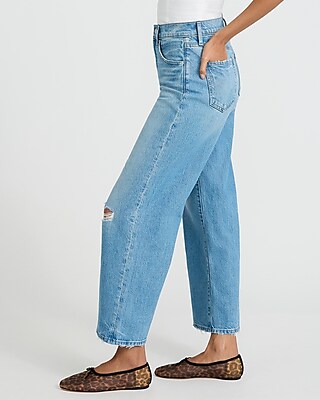 High Waisted Light Wash Ripped Wide Leg Ankle Jeans