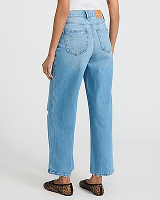 High Waisted Light Wash Ripped Wide Leg Ankle Jeans