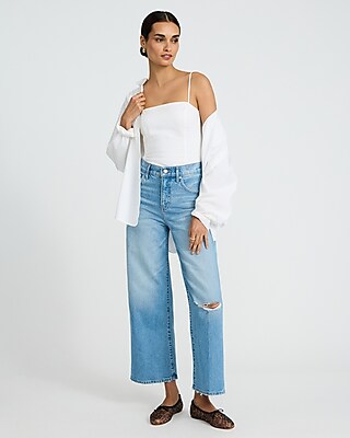 High Waisted Light Wash Ripped Wide Leg Ankle Jeans