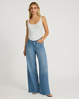 High Waisted Medium Wash Pleated Relaxed Wide Leg Jeans