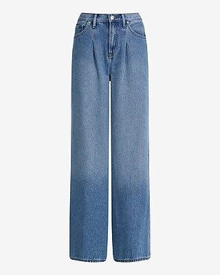 High Waisted Medium Wash Pleated Relaxed Wide Leg Jeans