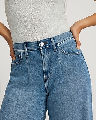 High Waisted Medium Wash Pleated Relaxed Wide Leg Jeans