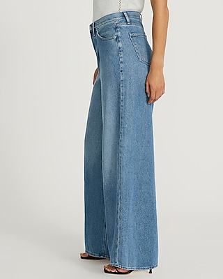 High Waisted Medium Wash Pleated Relaxed Wide Leg Jeans