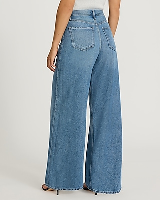 High Waisted Medium Wash Pleated Relaxed Wide Leg Jeans
