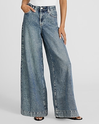 High Waisted Medium Wash Tall Hem Relaxed Wide Leg Jeans