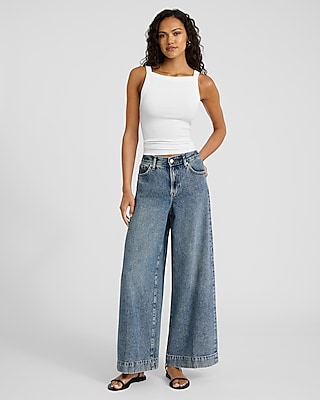 High Waisted Medium Wash Tall Hem Relaxed Wide Leg Jeans