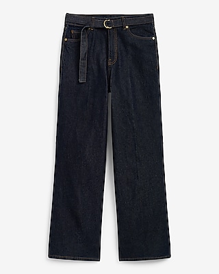 High Waisted Dark Wash Rinse Belted Wide Leg Jeans