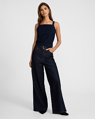 High Waisted Dark Wash Rinse Belted Wide Leg Jeans